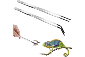 GJINXI 2PCS Long Aquarium Tweezers, 10.6" Extra Long Stainless Steel Reptile Feeding Tongs with Rubber Tip, Straight and Curved Tweezers, Terrarium Tools Feeder for Lizards, Terrarium Feeder Tool