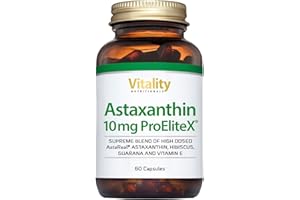‎VITALITY NUTRITIONALS Astaxanthin Kapseln Hochdosiert 10 mg + Hibiskus, Guarana & Vitamin E, Vegan (60 Stk) Antioxidans, Beta Carotin, Haematococcus pluvialis ProEliteX Vitality Nutritionals by VitaminExpress