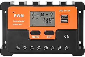 DEWIN Solar Controller , PWM Solar Charge Controller 12V 24V Solar Panel Battery Regulator Dual USB 5V Output with LCD Display, 30A