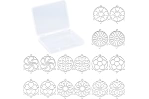 SUNNYCLUE 1 boîte 16 pièces 8 Styles Connecteur de Lustre Breloques Fleur Creuse Composants Liens Acier Inoxydable Filigrane Plat Boucles Rondes Pendentifs pour la Fabrication de Bijoux Breloques