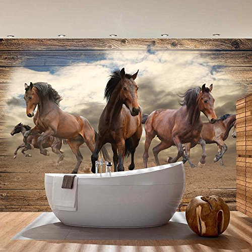 Vlies Fototapete PREMIUM PLUS Wand Foto Tapete Wand Bild Vliestapete – Pferde Hengste Galopp Holz – no. 3221, Größe: 312 x 219 cm Vlies - 7