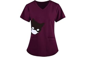 LOMELOMME Berufsbekleidung Pflege Damen Berufskleidung V Ausschnitt Kurzarm Shirts Drucken T-Shirts Große Größen Motiv Bluse Krankenpflegeuniform Kragen Kasackdamenpflegegünstig Kasacks Set Arbeitskittel