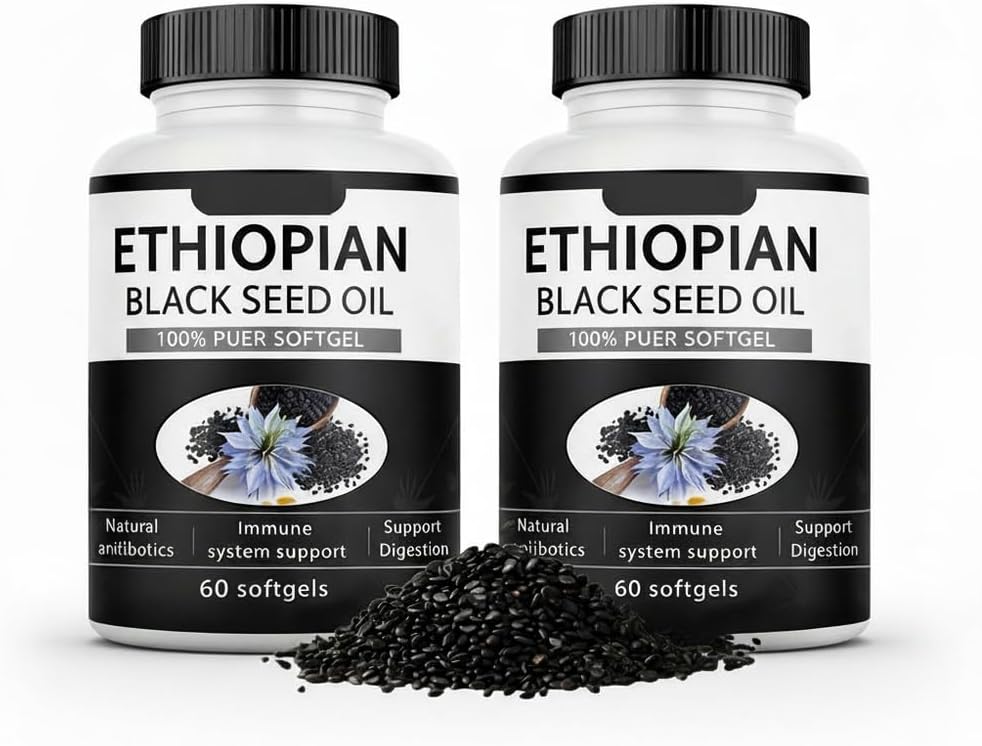 Cápsulas de aceite de semilla negra puramente etíope 4,64% de timoquinona, cápsulas blandas de aceite de semilla negra etíope puramente nutriente, prensado en frío orgánico, sin OMG, sin gluten, 60