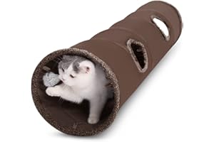 ALLSOPETS Tunnel per Gatti Tunnel da Gioco per Gatti Pieghevole Giochi Tunnel Gatto con Palla di Peluche Appesa per Gatti Gattini Coniglio Porcellino d'India Marrone