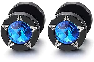 COOLSTEELANDBEYOND Hombres Mujer Negro Estrella Patrones Láser Círculo Pendientes con Azul Zirconio Cúbico Acero Enchufe Falso Fake Cheater