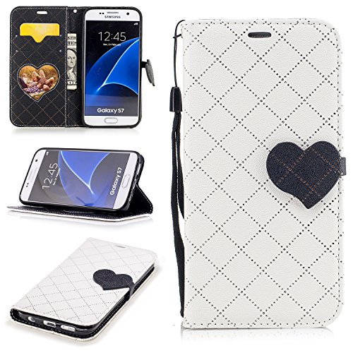 Preisvergleich Produktbild Lonchee Samsung Galaxy S7 Wallet Tasche Brieftasche Schutzhülle,Liebesschnalle Farbabstimmung Design Hochwertige PU Leder Folio Tasche Case Hülle im Bookstyle mit Standfunktion Kredit Kartenfächer Abnehmbare Handschlaufe(Weiß)