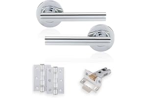 XFORT Polished Chome Liberty Lever On Rose Latch Pack, Complete Set With T-Bar Door Handles, 65mm Tubular Latch And 75mm Ball Bearing Hinges, Door Handle Set For Home And Office.