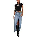 Gonna Lunga di Jeans Donna Vita Alta con Spacco Davanti Gonne Denim Y2K Vintage Harajuku Maxi Midi Gonna Gonne a Portafoglio 