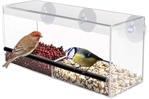 MYGARDEN CLEAR WINDOW BIRD FEEDER LARGE SEED PEANUT STRONG HANGING SUCTION CUPS PERSPEX TRANSPARENT VIEWING WITH DRAIN HOLES