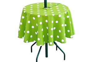 3E Home Outdoor Table Cloth with Parasol Hole,Splashproof Patio Round Tablecloth with Zipper for Garden Picnic BBQ Party [60 inches (152 cm) Green dot]