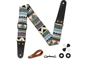 Aucuu Gitarrengurt, 2" Vintage bestickte Baumwolle Gitarrengurt, Verstellbarer Gitarrenband, Gitarrengurt Echtleder Enden für Bass Elektro Akustik, mit Gurtknopf 2 Gurtschlössern 4 Gitarrenplektren