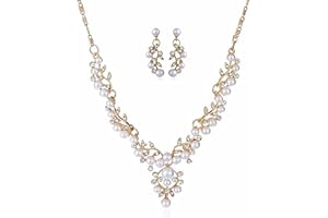 DISHOWME Braut Kristall Halskette Ohrringe Satz Hochzeit Perlen Anhänger Halskette Blumen Braut Schmuck für Frauen Mädchen Brautjungfern