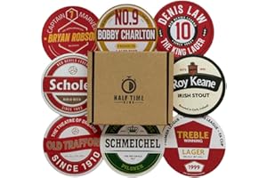 HALF TIME CLUB Man United Beer Mats 2nd Edition – Set of 8 Football Coasters for Men or Women – Unique Man United Gifts – MUFC Memorabilia – Gift Boxed Drink Coasters for Beer or Coffee – Football Fan Gift Idea