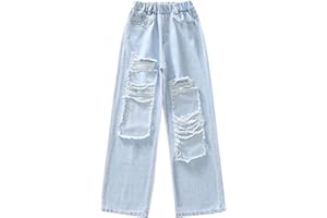 iiniim Kids High Waisted Baggy Ripped Jeans Girls Casual Loose Fit Distressed Denim Pants Wide Leg Jeans Casual Trousers