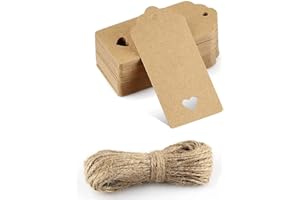 BBLY Kraft Paper Gift Tags 50PCS Brown Gift Tags for Crafts and Christmas Lovely Hollow Heart Wedding Favour Name Tags with 20M Jute Twine String(Brown Tag-50Pcs)