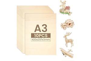 BAFUMIU 10 piezas de tablero contrachapado A3 de tilo 420x297x3mm, contrachapado 3mm, tablero madera, tableros de madera para manualidades, maderas para bricolaje, madera apta para láser y modelismo.