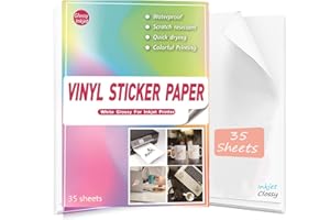 FGGNCBL Waterproof Printable Vinyl Stickers Paper for Inkjet Printer- 35 Glossy Sticker Paper White Decal Cricut Sheets A4 - Holds Ink Beautifully & Dries Quickly