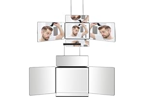 Whemyreat Espejo Auto Corte De Pelo 360°,Espejo De Corte De Pelo PortáTil De 5 VíAs con Luz Led,Espejo Triple Ajustable con Ganchos TelescóPicos De Altura para Peinado Propio,Espejo De Maquillaje