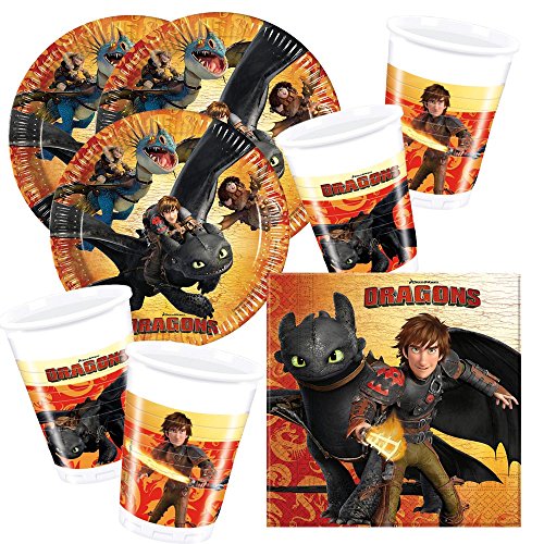 52-teiliges Party-Set Dragons Drachen Teller Becher Servietten für 16 Kinder