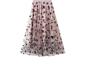 Odizli Tüllrock Damen Lang Elegant Vintage Blume Stickerei Elastisch High Waist A Linie Swing Midi Rock