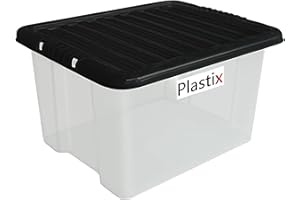 Plastix Clear Plastic Storage Box Boxes With Black Lids Home Office Stackable UK Made (1, 50L)