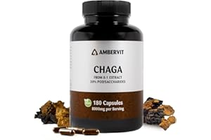 Chaga Hongo Extracto 8000 mg – 180 Cápsulas – 30% Polisacáridos Bioactivos – Doble Extracto del Cuerpo Fructífero – Recolectado en Abedules Silvestres de Europa del Norte – Chaga Mushroom | Ambervit