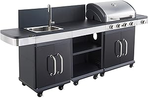 COOK'IN GARDEN Cook’in Garden - Cuisine Extérieure Modulable FIDGI 4, Barbecue au Gaz, 4 Brûleurs avec Thermomètre, Meuble d’Appoint Desserte et Évier, Structure Métal, Noir