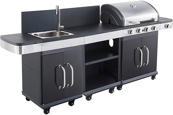 Cook’in Garden - Cuisine Extérieure Modulable FIDGI 4, Barbecue au Gaz, 4 Brûleurs avec Thermomètre, Meuble d’Appoint Desserte et Évier, Structure Métal, Noir