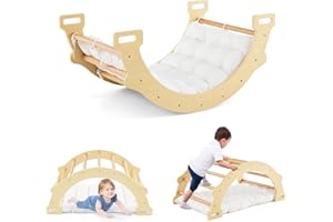 COSTWAY Arco da Arrampicata per Bambini, 2 in 1 Altalena ad Arco in Legno con Cuscino Morbido, Doppia Faccia, Ideale per Bambini 1+ Anni (Naturale)