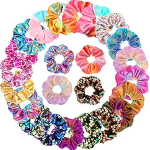 20 Pieces Shiny Metallic Hair Scrunchies Sequins Rainbow Hair Ties Ropes Mermaid Elastic Hair Bands Scrunchy Colors Ponytail Holder Hair Accessories for Women Girls Favors