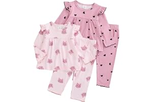LUVCES Bebis flicka 4 delar ribbad set volangkant långärmad, kort blommönster/enfärgad T-shirt topp och byxor kläder