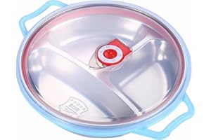 RHBHY Assiettes Compartiment plateau Repas Enfant 19CM Assiette en Acier Inoxydable avec Couvercle Assiette 3 Compartiments Sans BPA - Passe au Lave-Vaisselle et Au Micro-Ondes (Bleu, 19CM)
