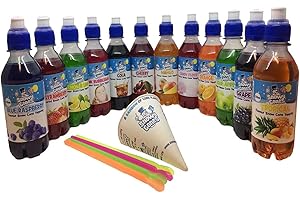 Snowycones | Syrup for Snow Cones and Shaved Ice | 12x250 ml Not Slush | Blue Raspberry/Strawberry/Lemon and Lime/Cherry, Free Cups and Straws