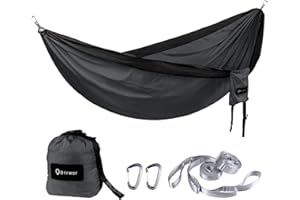 ‎BTRWOR BTRWOR Hängematte Outdoor für 2 Personen | 300kg Traglast | Doppelhängematte mit Befestigungs-Set | Nylon Camping Reisehängematte | 290x170cm(Holzkohle schwarz)