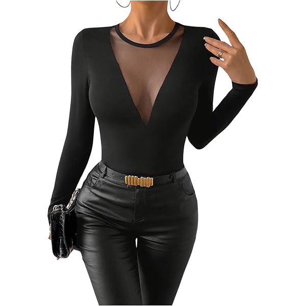 GORGLITTER Damen Top Mit Netz - Elegantes Patchwork Shirt Mit Stehkragen