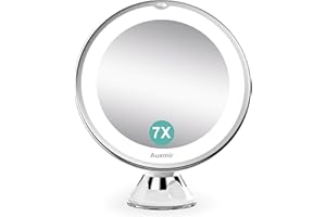Auxmir Lusterko Kosmetyczne z Podświetleniem LED, 7-Krotnym Powiększeniem, 2 Poziomy Jasności i Przyssawka, Wychylne o 360°, Lusterko do Makijażu, z Nieoślepiającym Oświetleniem do Domu i w Podróży