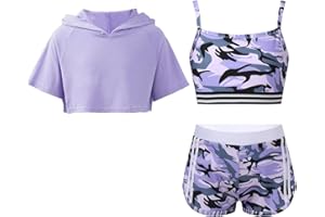 YEAHDOR 3-Set Abbigliamento Sportivo Bambina Felpa Manica Corta Crop Top Canottiera Pantaloncini Sportivi Leggins Corti Completo Palestra Fitness Allenamento