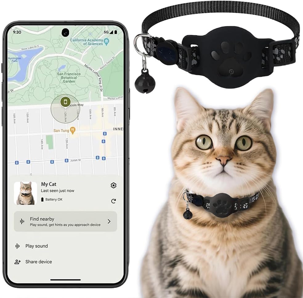 Collar GPS Gatos, GPS para Gatos sin Cuota Mensual, No Requiere SIM (Solo Android), Collar Localizador Compatible con goo- gle Find My (Collar + rastreador Negra)