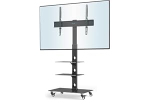‎BONTEC BONTEC Stojak podłogowy do telewizora 30-70 cali, uchwyt TV z kółkami, 3 półki ze szkła hartowanego, nośność 40 kg, obrotowy o ±37°, 6 poziomów regulacji wysokości, VESA 600x400