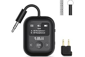 1Mii Transmisor Receptor Bluetooth 5.3 para TV Avión, Adaptador Emisor Audio con Pantalla OLED, aptX Baja Latencia & Jack 3.5mm Aux, Soporta 2 Auriculares o AirPods, Control Volumen, 25H para Estéreo