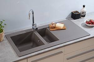 Respekta fregadero de cocina Denver de mineralita en gris hormigón / Fregadero empotrable de 1,5 cubetas en 100 x 50 cm / Lavabo adecuado para armarios inferiores de 60 cm de ancho