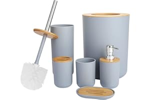 GREENSAPPIRE Bathroom Accessories Set - 6-piece Modern Bathroom Bin And Toilet Brush Set - Includes Trash Can Toilet Brush Toothbrush Holder Soap Dispenser Soap Dish and Mouthwash Cup (Grey)