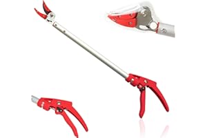 FISHTEC Gartenschere Langer Stiel mit Halteklammer aus Aluminium - Teflonbeschichtung - Manuelle Gartenschere - Griffamboss - Mit Sicherheitsverriegelung - Länge 64 cm - Farbe rot