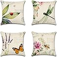 Artscope Set of 4 Decorative Cushion Covers 45X45cm, Insects and Plant Waterproof Throw Pillow Covers, Perfect to Outdoor Patio Garden Bench Living Room Sofa Farmhouse Decor