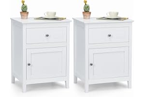 COSTWAY Stolik nocny z drewna sosnowego, zestaw 2 szt., szafka nocna z szufladą i drzwiami, 2-stopniowy stół akcentujący, stolik pomocniczy z przestronnym blatem, stolik kawowy, do salonu, salonu