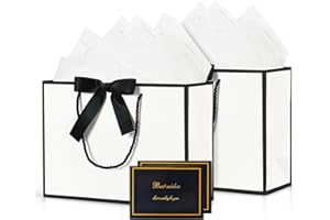 BBLIKE BBILKE Sacchetti Regalo Medie - 2 Sacchettini Borsa Regali Compleanno in Carta con 2 Carte, Buste Regalo Grandi Elegante con Manici per Donne Ragazze San Valentino Festa di Nozze Natale (Bianco Nero)