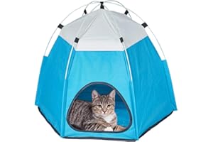 XhuangTech Pet Tent Cave Bed for Cats/Small Dogs, Soft Fabric Portable Foldable Pop Up Cat Tent/Kitten Bed House/Cat Hut Indoor Outdoor Pet Beds (Blue)