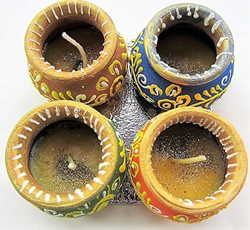 aRGee Pack of 4 Small Flat Mutki in four dfferent coloursfour Diwali Diya filled with Wax