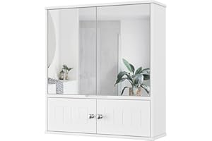 HOCSOK Szafka łazienkowa z lustrem, szafka wisząca z 2 drzwiami z lustrem i 2 drewnianymi drzwiami, regulowana półka, do łazienki, prysznica, biała, 60 x 17,5 x 55 cm