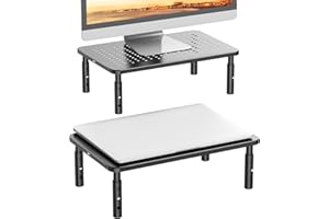 WALI Dual Monitor Ständer, Monitor Erhöhung Schreibtisch mit Gitterlochplattform, 3 Höhenverstellbare Monitorständer für Computer PC Laptop Drucker(STT003-2), 2er Pack, schwarz